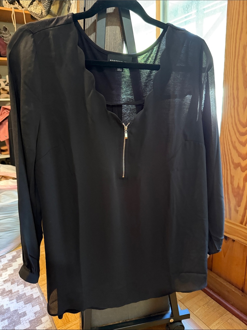 Black Scalloped Zip-Front Women’s Blouse